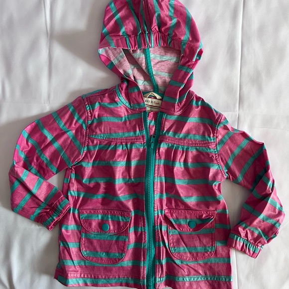 Hatley Girls Hooded Rain Jacket with Pink and Teal Stripes Size 2 - Picture 1 of 7